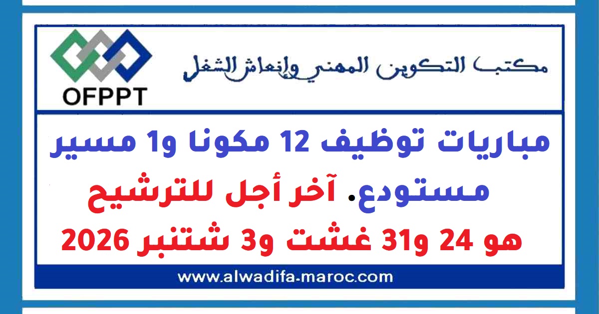 OFPPT: Concours de Recrutement 12 Formateurs et 1 Gestionnaire de Stock. Date limite de candidature: 24 et 31 Août et 3 Septembre 2026
