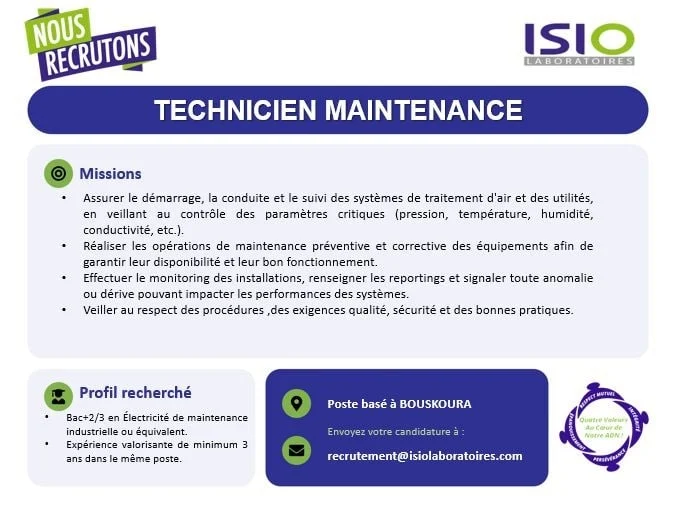 ISIO Laboratoires recrute un Technicien Maintenance