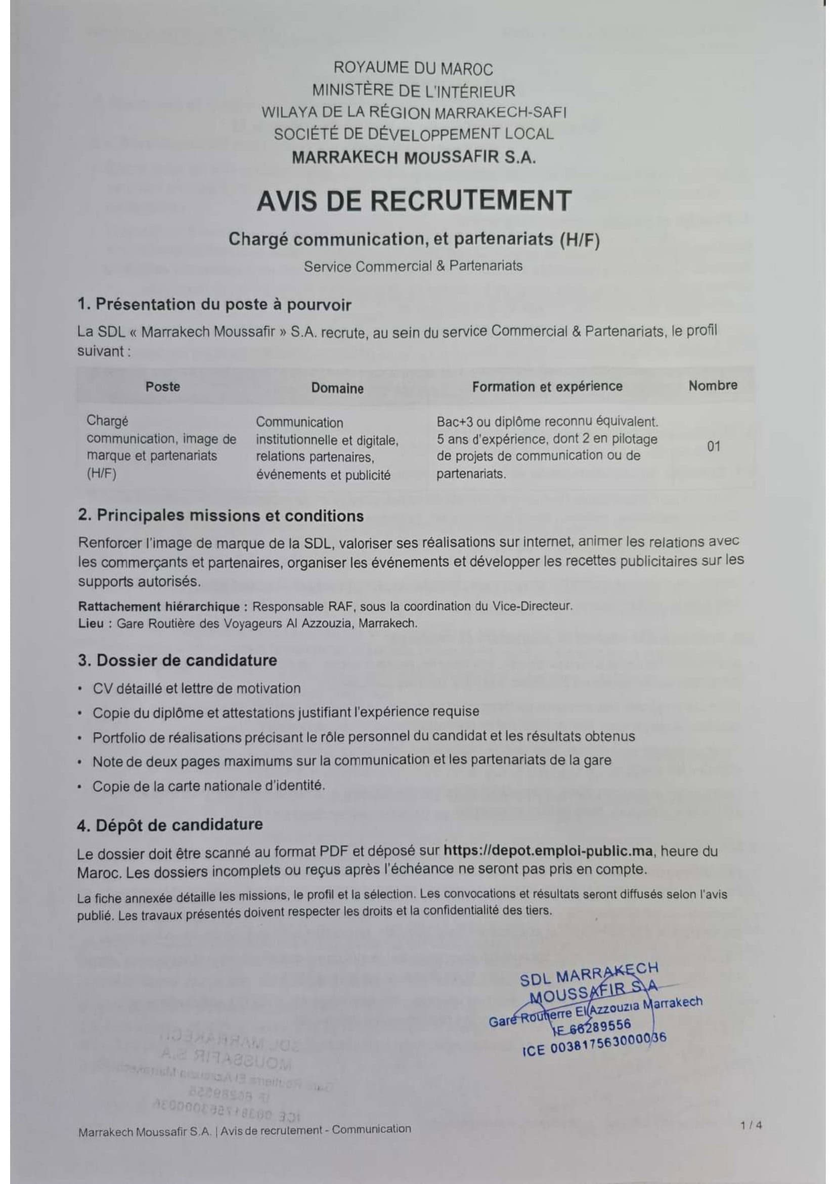 SDL Marrakech Moussafir recrute